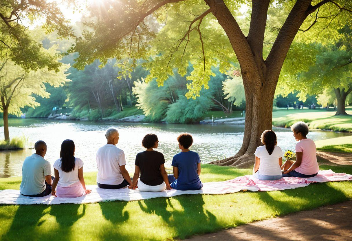 A serene landscape symbolizing hope and healing, with a diverse group of individuals gathering in a sunlit park, sharing stories and laughter. Incorporate elements of nature such as blooming flowers and gentle streams, symbolizing wellness and community. Capture a sense of warmth and connection, showing people of various ages and backgrounds embracing life beyond cancer. soft focus. pastel colors. sunny atmosphere.